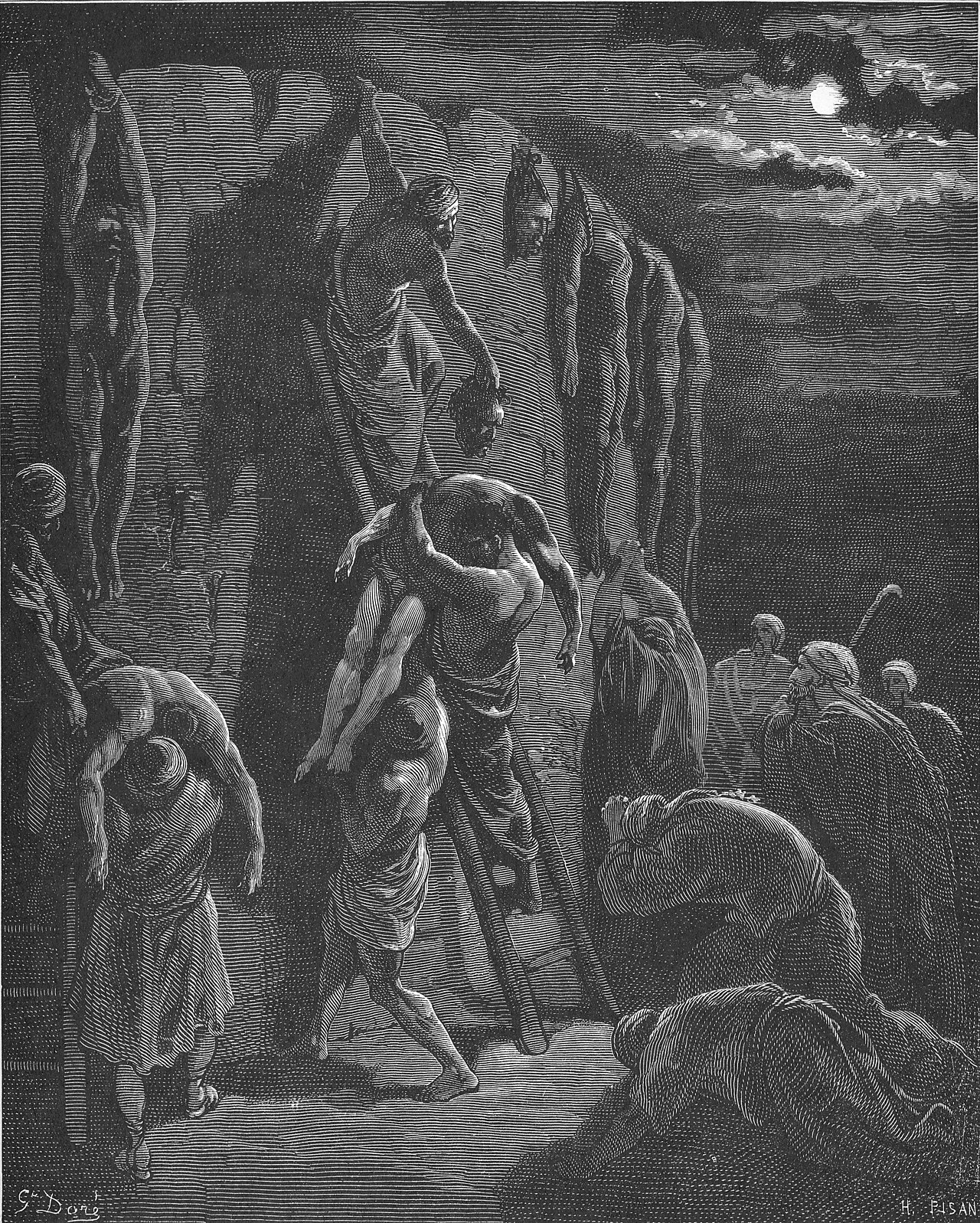 The men of Jabesh-gilead carrying the bodies away by night, the act David thanked them for. 1 Samuel 31:11-13 and 2 Samuel 2:4-5.