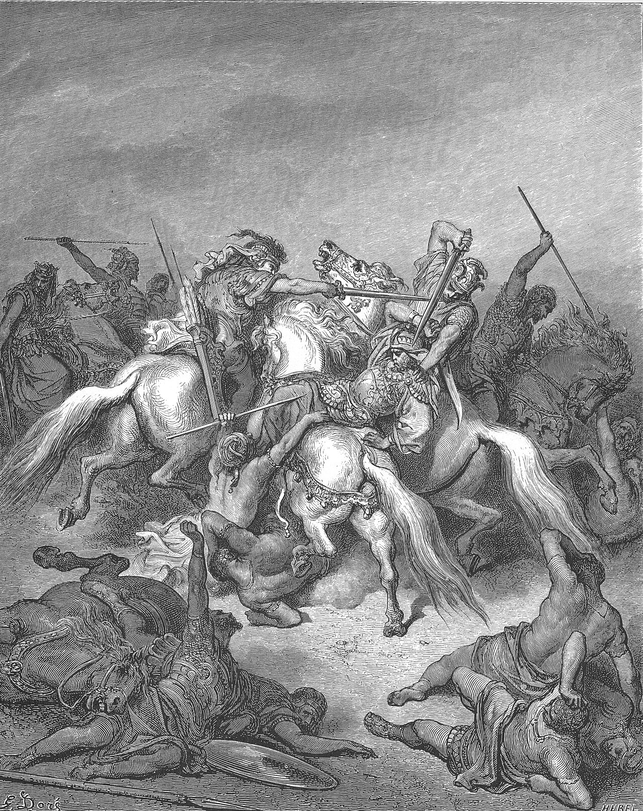 Abishai striking down Ishbi-benob, one of the four descendants of Rapha who came out of Gath after Goliath. 2 Samuel 21:15-17.
