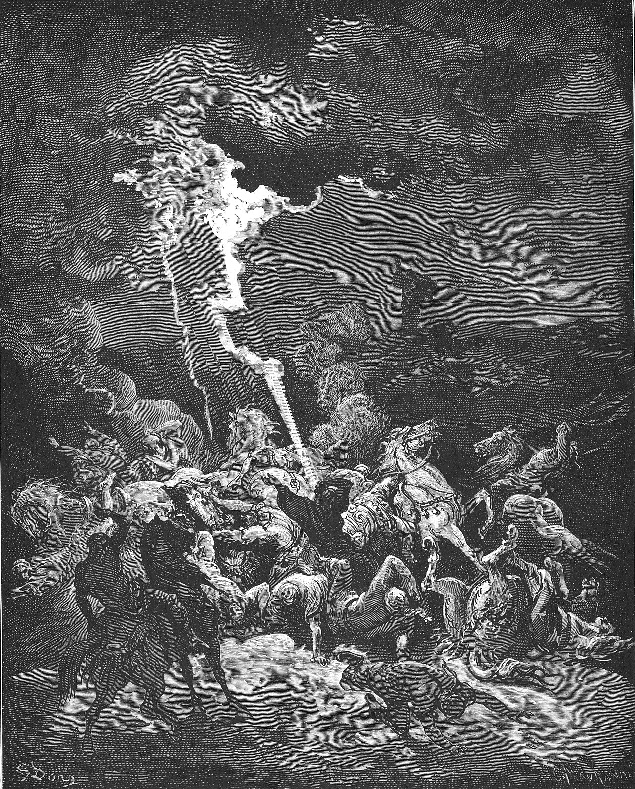 Doré titled this plate “Elijah Destroys the Messengers of Ahaziah.” In 2 Kings 1 the messengers are sent back alive; it is two captains and their companies of fifty who are consumed, and a third captain kneels and lives. 2 Kings 1:9-15.