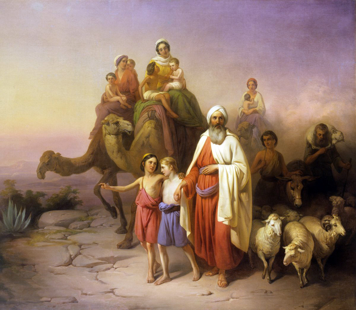 The caravan mid-stride, flocks and servants around it and Sarai on the donkey, with Abram looking upward. The leaving of Genesis 12:4 to 12:5.