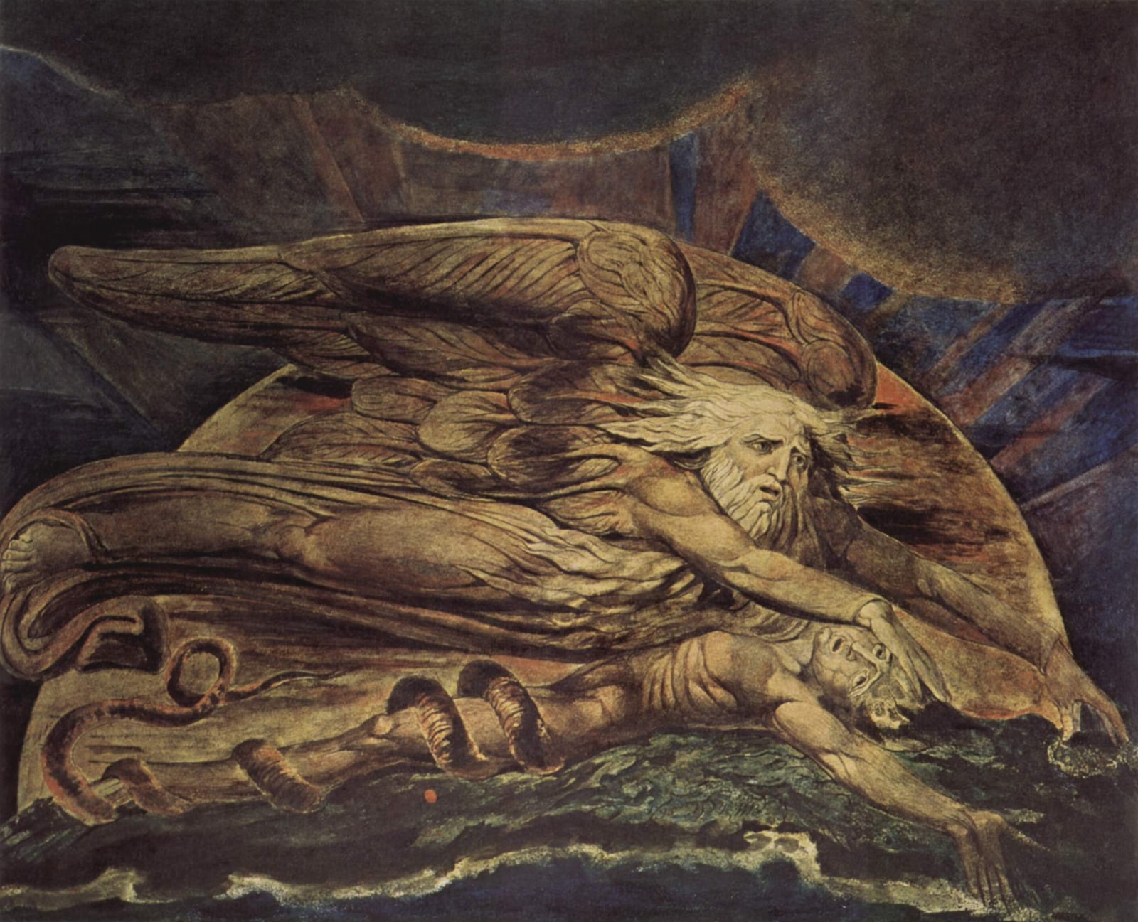 William Blake's colour print of a winged, white-bearded God stretched above Adam, who lies on the ground with his arms reaching forward while God's hand rests on his head, a serpent coiled about Adam's leg, with a red sun behind them