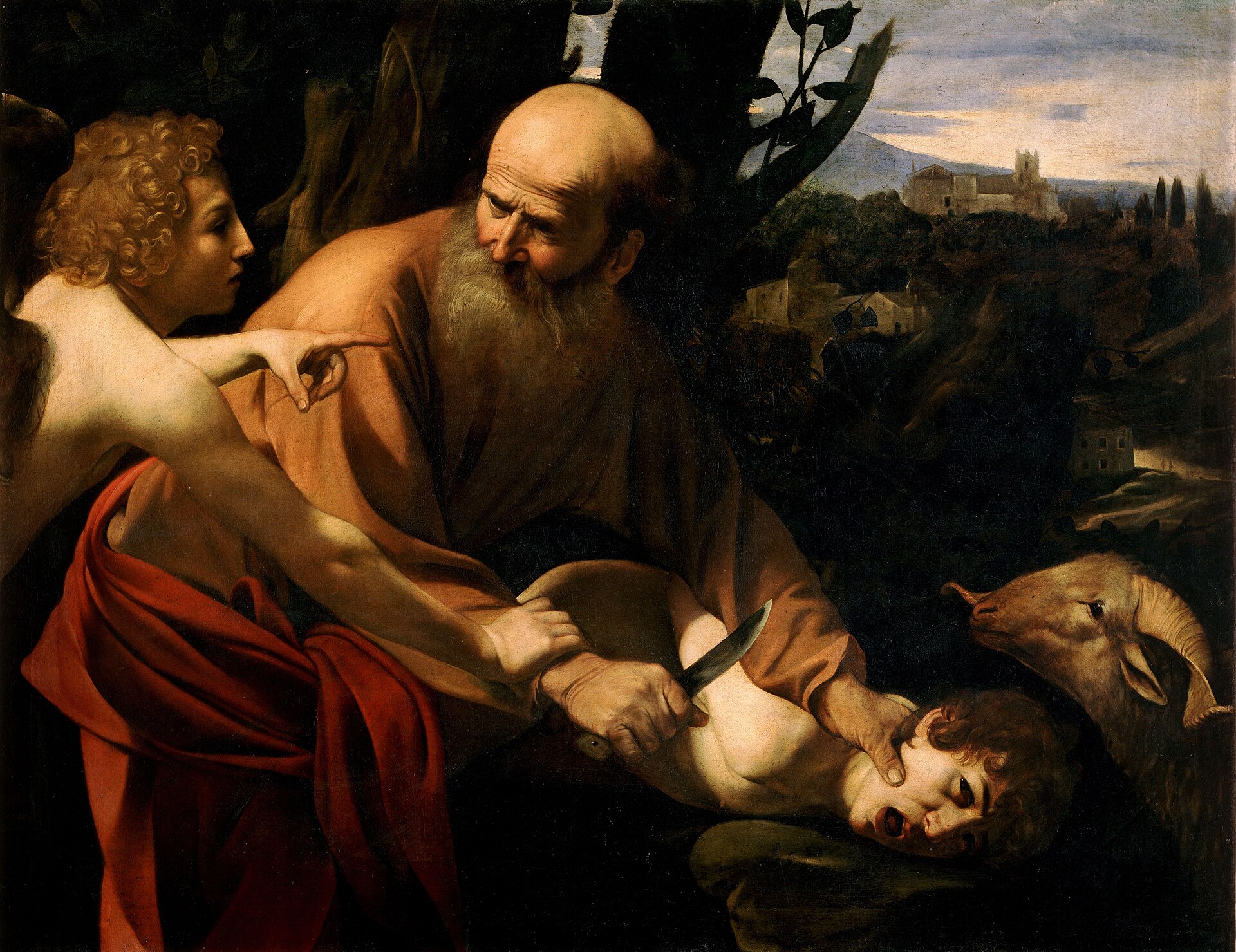The angel grips Abraham's arm and points at the ram, whose head sits beside Isaac's at the same height. Genesis 22:12 to 22:13. Caravaggio paints Isaac as a boy.