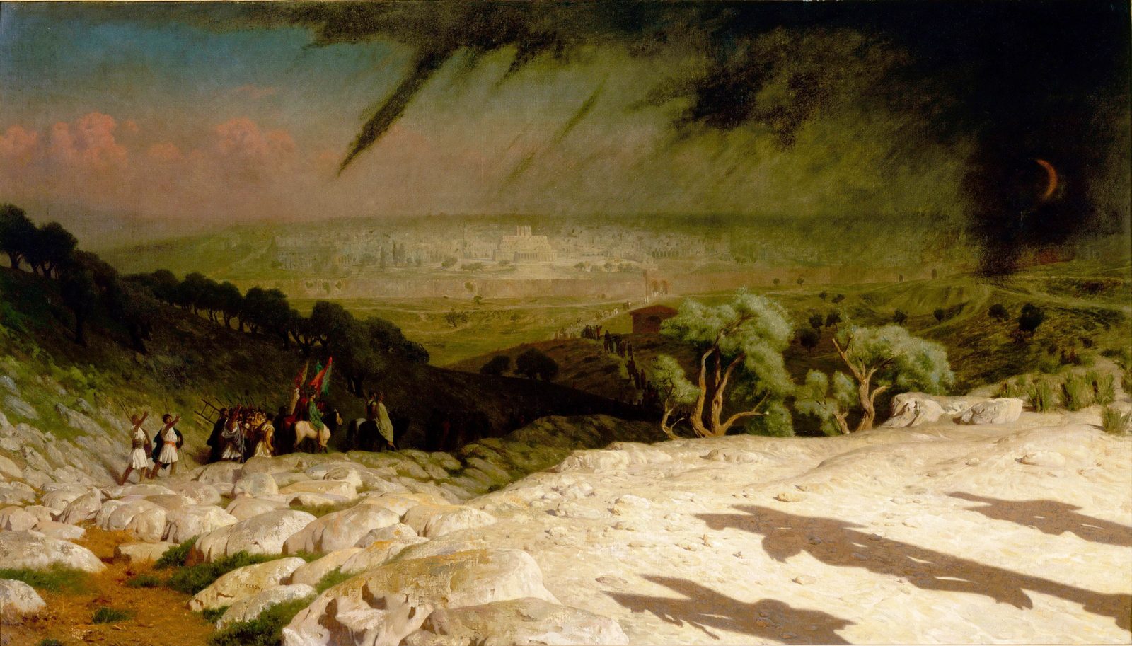 The canvas with its four labelled parts: the black sky, the city, the crowd going home and the three shadows