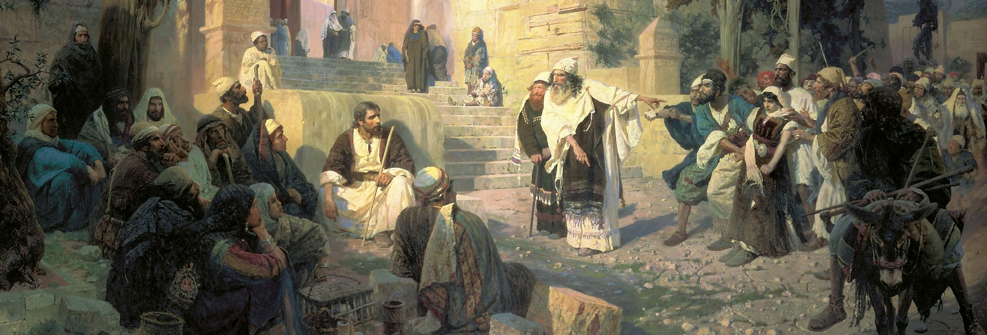 Christ sits on the temple steps among the crowd while the accusers bring the woman to Him. Vasily Polenov, Christ and the Sinner, 1888.