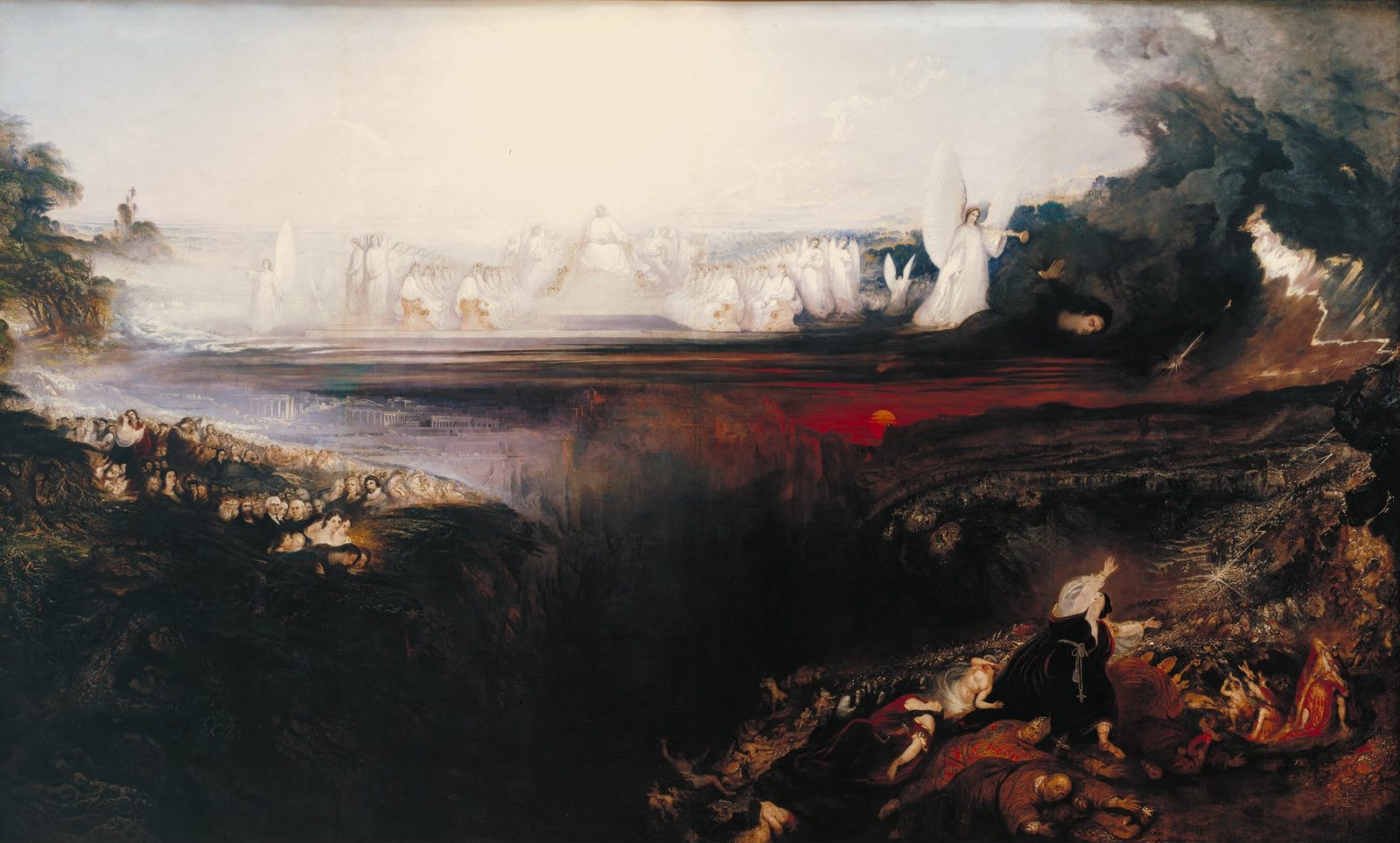 John Martin's painting of the Last Judgement: a white host around a throne in the bright sky above, a dark chasm across the middle, and a crowd falling into fire at the lower right