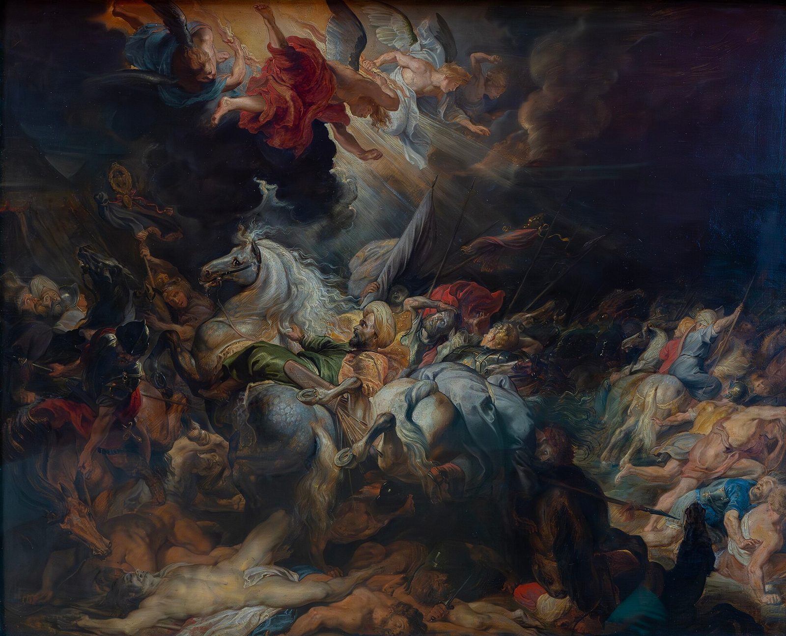 Rubens' painting of a turbaned king thrown back from a rearing white horse while three angels sweep down through a shaft of light, and soldiers and horses fall and flee across the field below