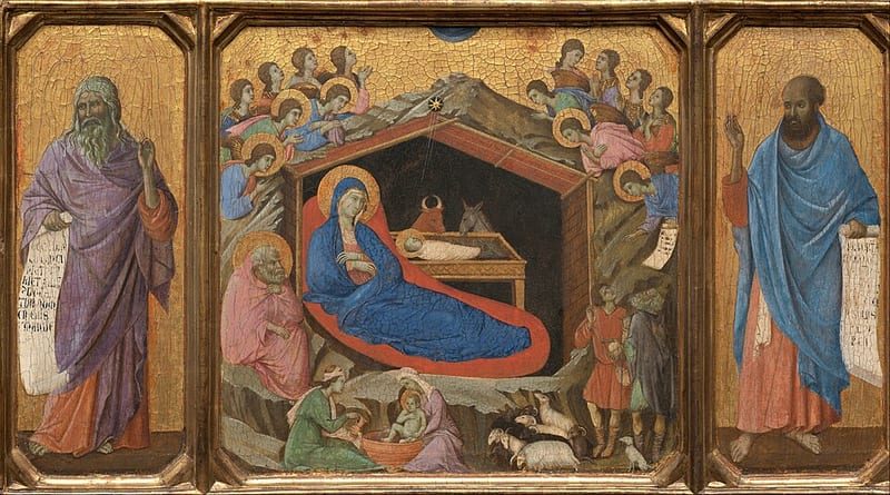 A gold-ground panel in three parts. In the centre Mary lies on a red mat beside the manger under a rock shelter, with angels above and shepherds and sheep below. In the left panel the prophet Isaiah holds an open scroll, and in the right panel the prophet Ezekiel holds another.