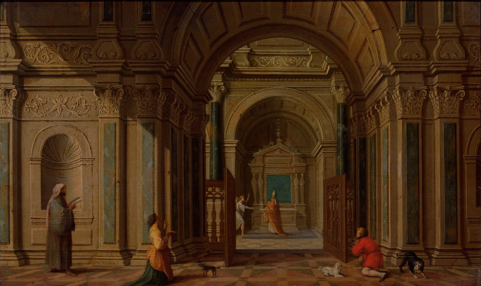 A painted temple interior of arches and marble columns, seen through an open gate to a lit inner room where a priest in an orange robe stands at an altar and a winged angel appears beside him, while two men and a woman pray in the outer hall with dogs on the chequered floor.