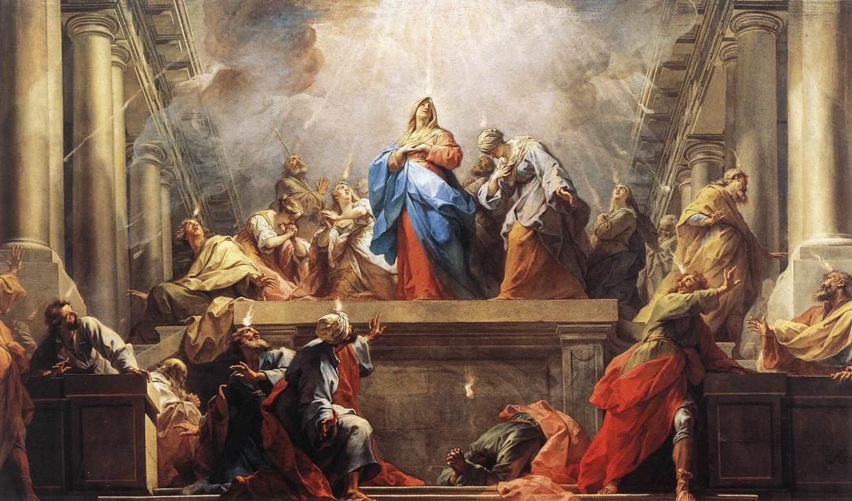 Jean Restout's painting of Pentecost: Mary, the mother of Jesus, in blue and red at the centre, with the apostles gathered around her in a high hall, small flames over their heads and a dove in a burst of light above them