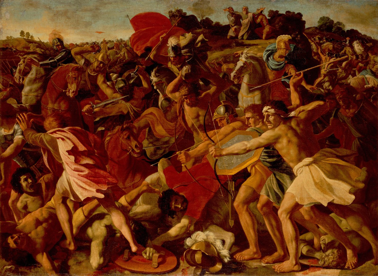 Nicolas Poussin's painting of a battle on a plain: soldiers on foot and on horseback fight across the canvas, and on a hill at the top right Moses stands with raised arms between two men