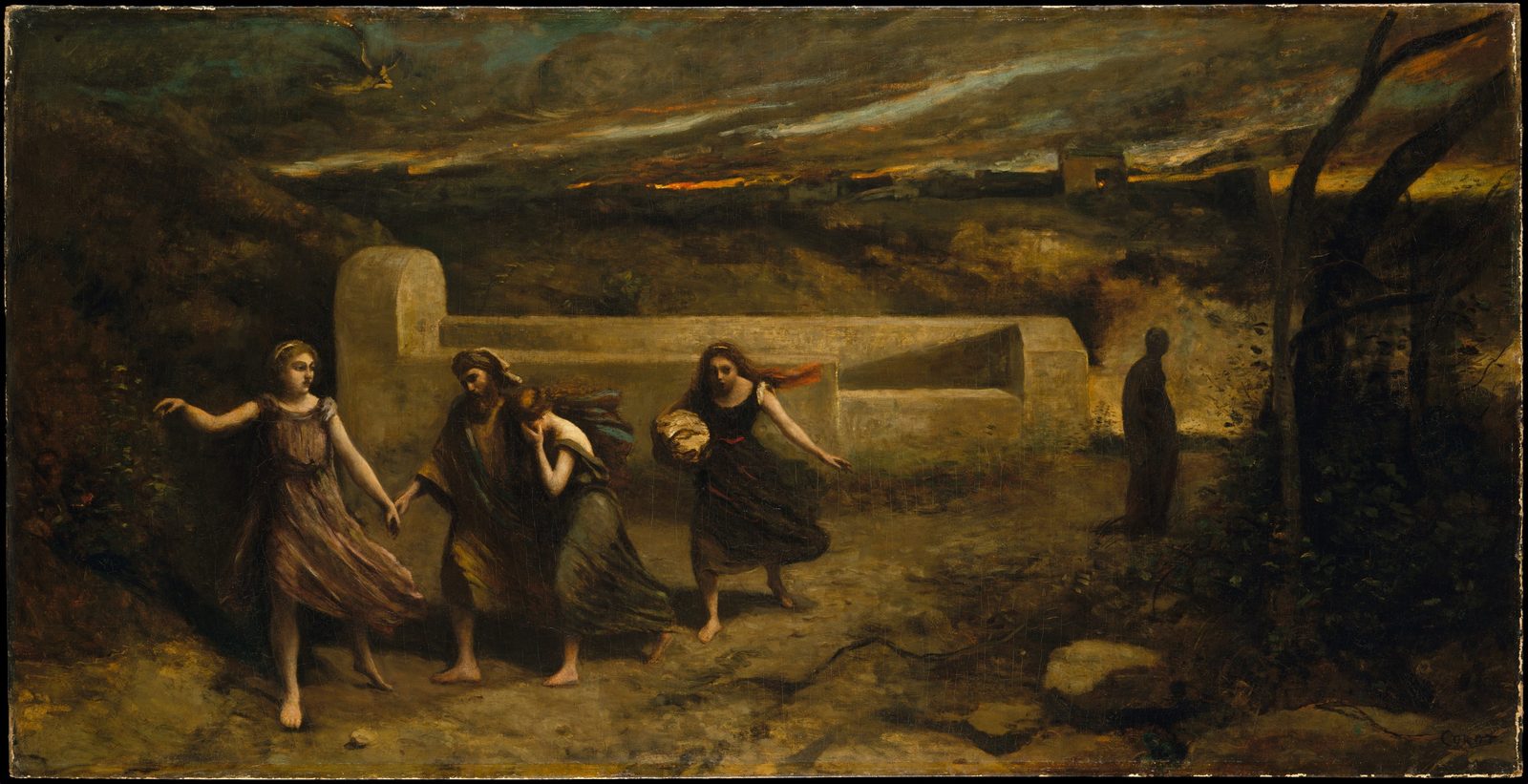 Camille Corot's painting of Lot and three women hurrying down a stony road at dusk, a dark standing figure at the right, and the city burning on the horizon under a smoky sky
