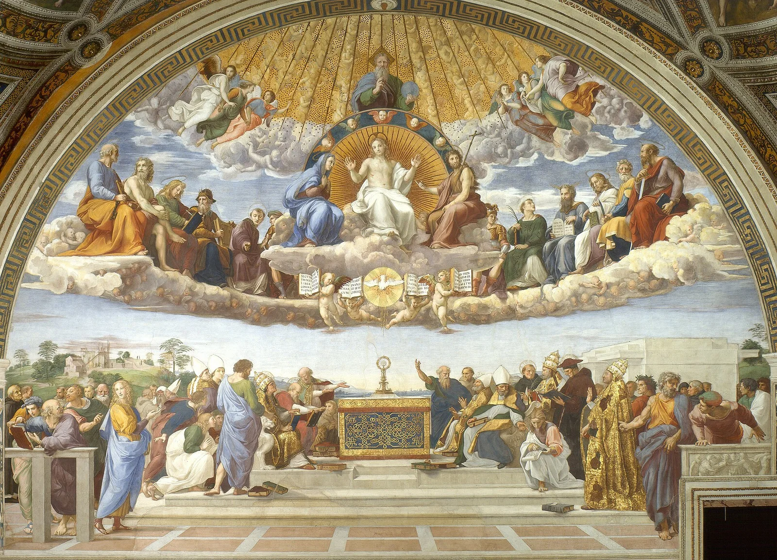 A fresco under an arch: Christ enthroned in heaven among the saints on a bank of cloud, and below on a marble floor the teachers of the church gathered around an altar.
