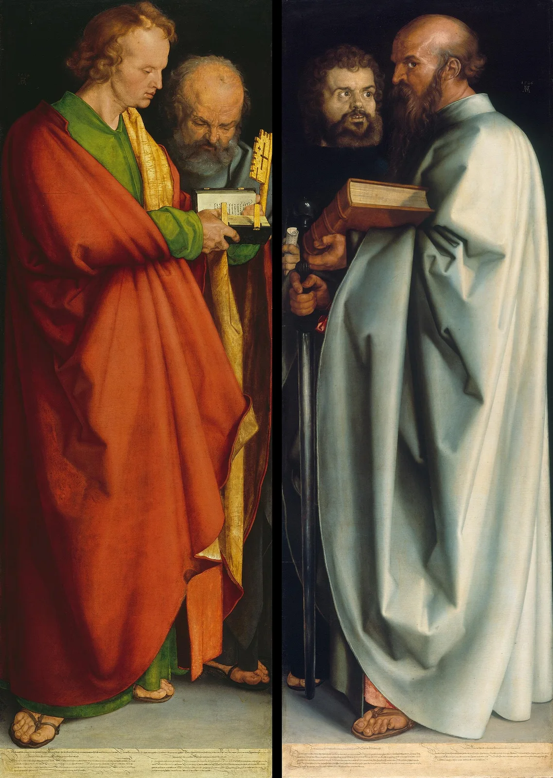 Two tall panels of four apostles standing full length: John in a red cloak reading an open book beside Peter, and Mark beside Paul in a pale cloak holding a closed book.