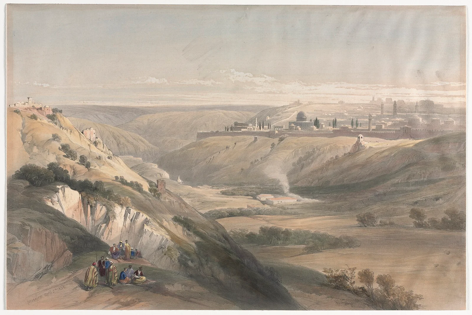 A coloured lithograph of Jerusalem seen across a valley from the slope of the Mount of Olives, its walls and domes on the far ridge under a pale sky.