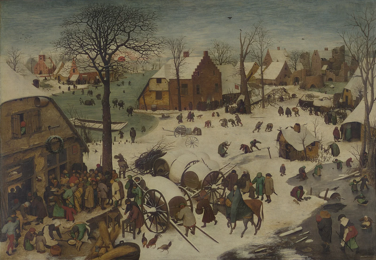 A village in deep snow crowded with people, carts and animals, the villagers gathered at an inn to be counted while Joseph leads Mary on a donkey through the crowd.