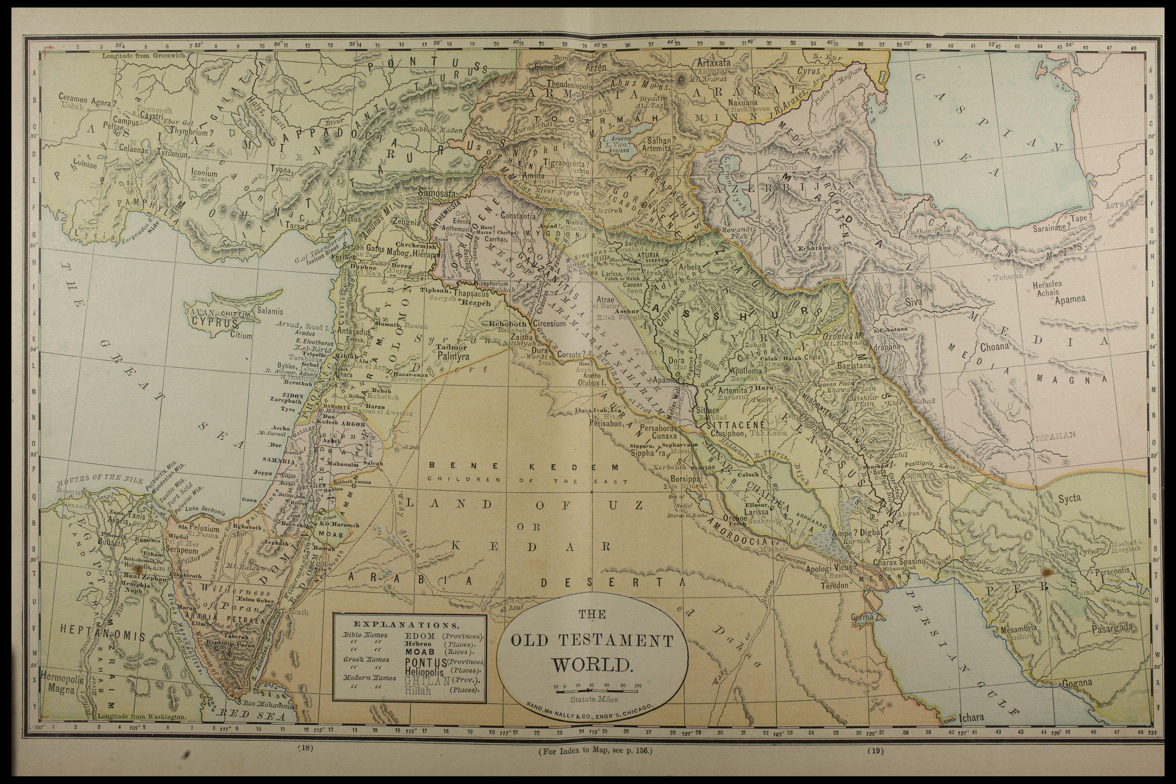 A coloured map from Egypt to the Persian Gulf, with the Euphrates and the Tigris running south-east and Mesopotamia and Padan Aram printed between them