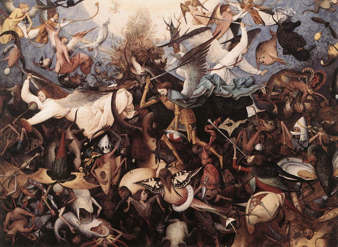 A crowded battle in the sky: an angel in gold armour at the centre swings a sword among white-robed angels, while the rebel angels, in the shapes of fish, insects and monsters, tumble down below.