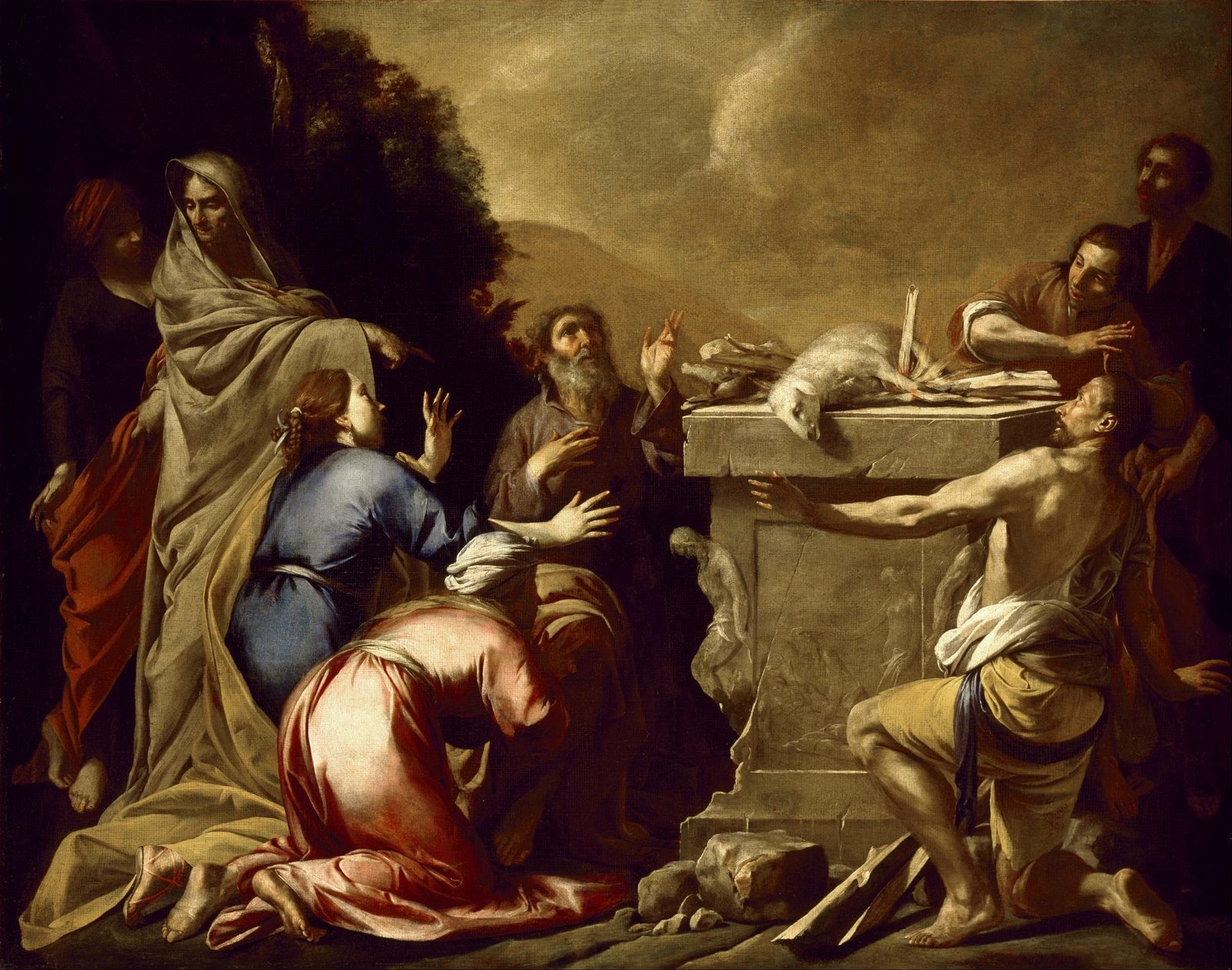 An old bearded man raises a hand toward the sky beside a stone altar with a lamb laid on it, while four women kneel and stand at the left and three men lean on the altar at the right