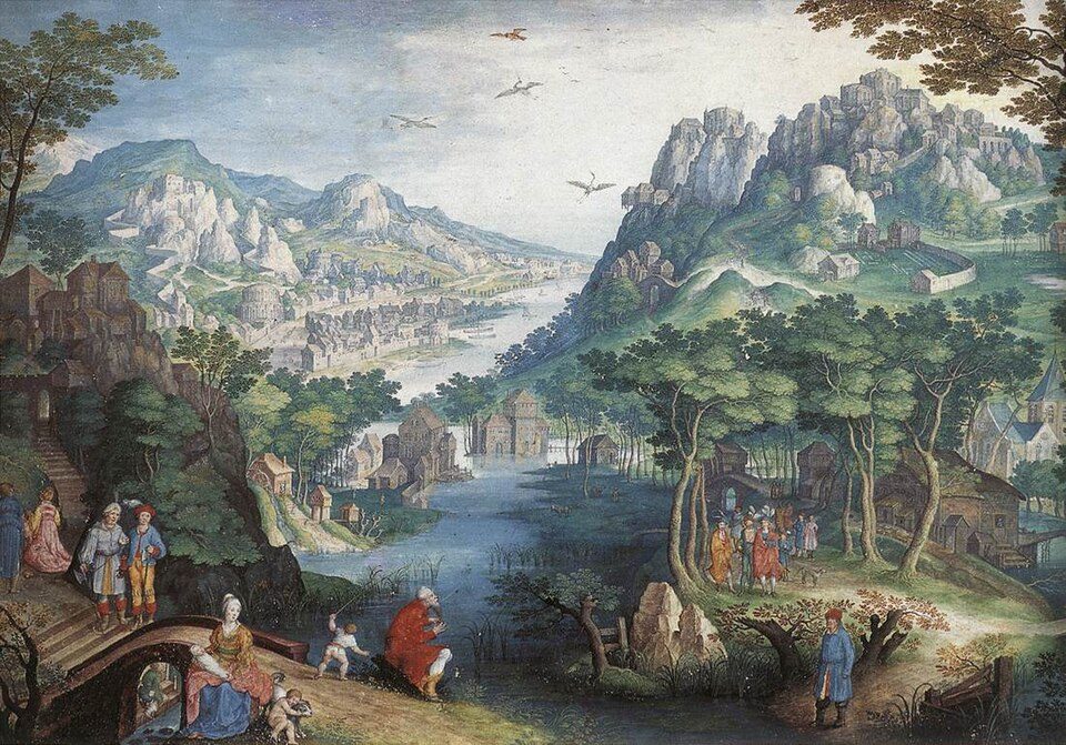 A river valley between rocky mountains with towns and a castle; in front a woman sits with small children by a bridge, and an old man in a red cloak sits at the water's edge