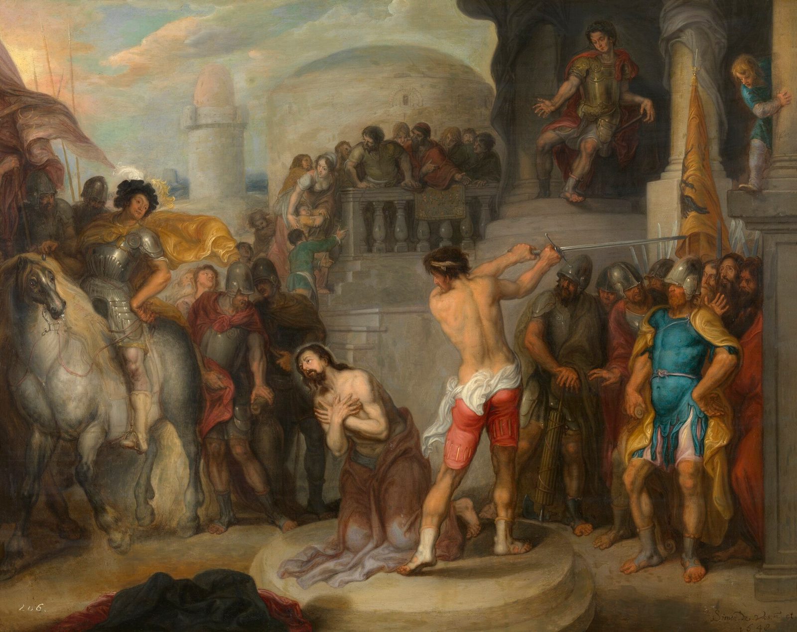 Paul kneels with his hands crossed on his chest as an executioner raises a sword, while soldiers, a horseman and a crowd on a balcony look on.
