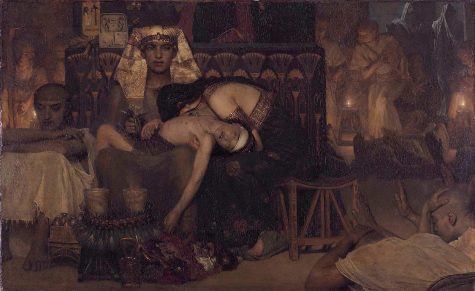 Lawrence Alma-Tadema's painting of Pharaoh in a striped headcloth seated on a throne carved with lotus flowers, his dead son across his lap and a woman bent over the boy, while mourners sit and kneel in the lamplit hall around them
