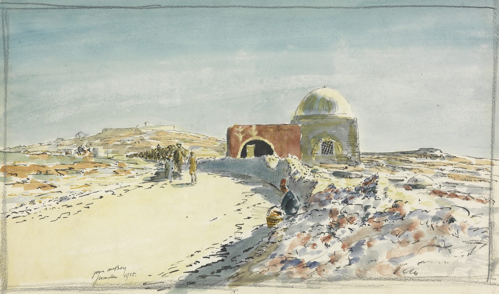 A domed tomb with an arched forecourt stands beside a pale road, where a line of camels and men on foot passes under a wide blue sky.