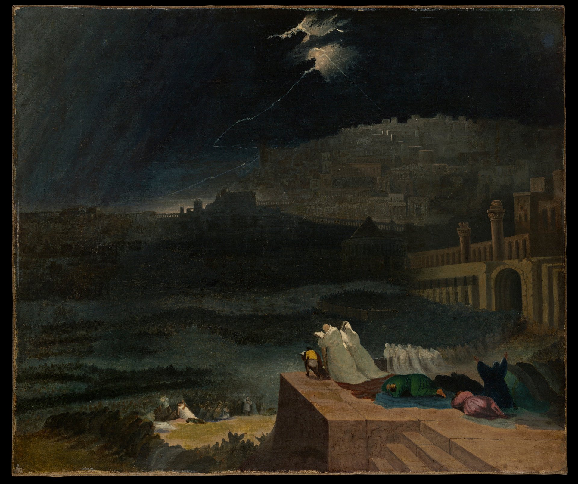 The Repentance of Nineveh by John Martin: a walled city under lightning, robed figures praying on a terrace and others lying face down