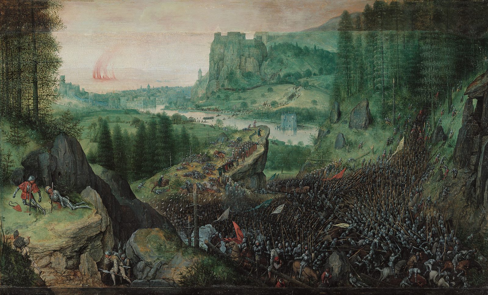 Pieter Bruegel's wide view of a battle in a mountain valley, with columns of soldiers pouring through a pass, while on a rocky ledge in the left foreground Saul and his armor-bearer lie fallen on their swords