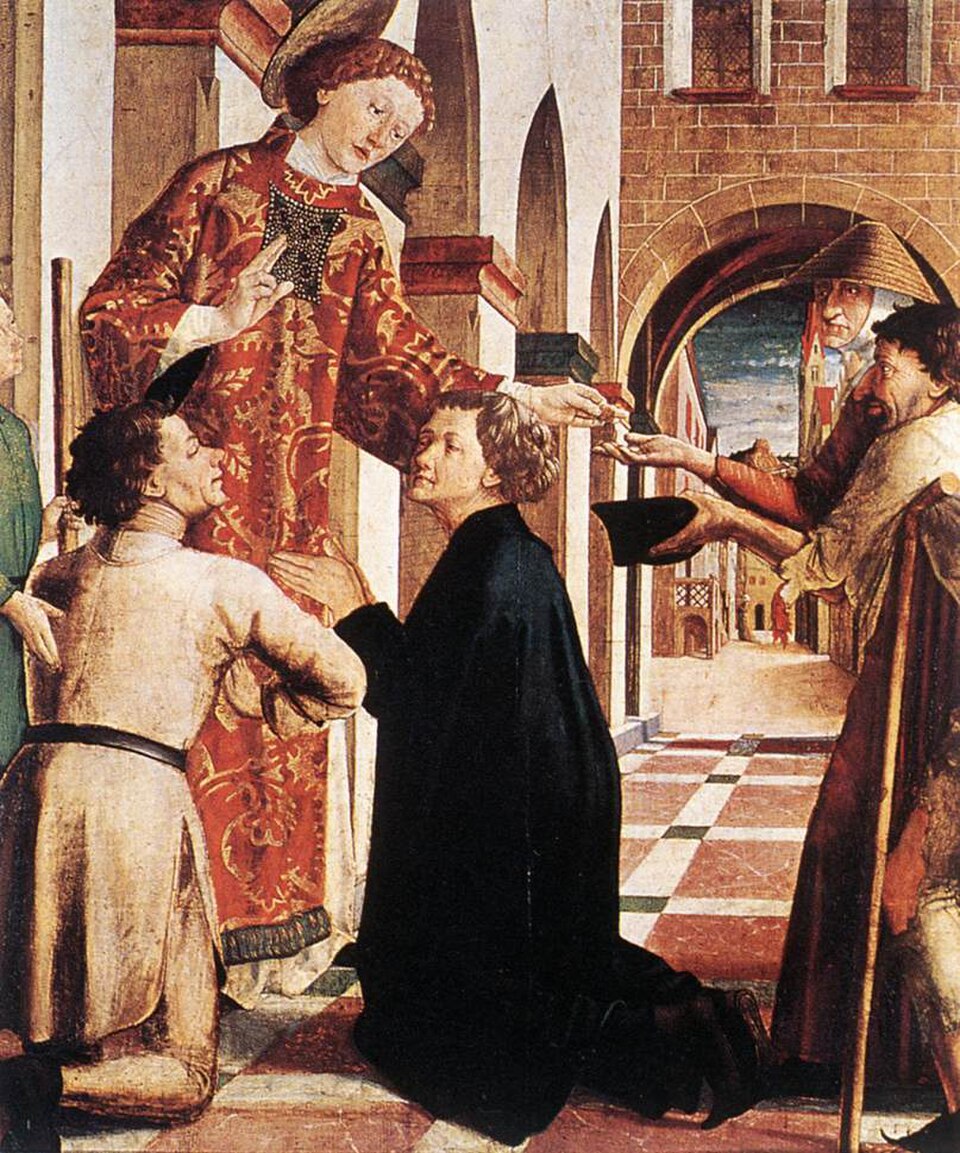 St Lawrence Distributing the Alms — Michael Pacher, c. 1465–70