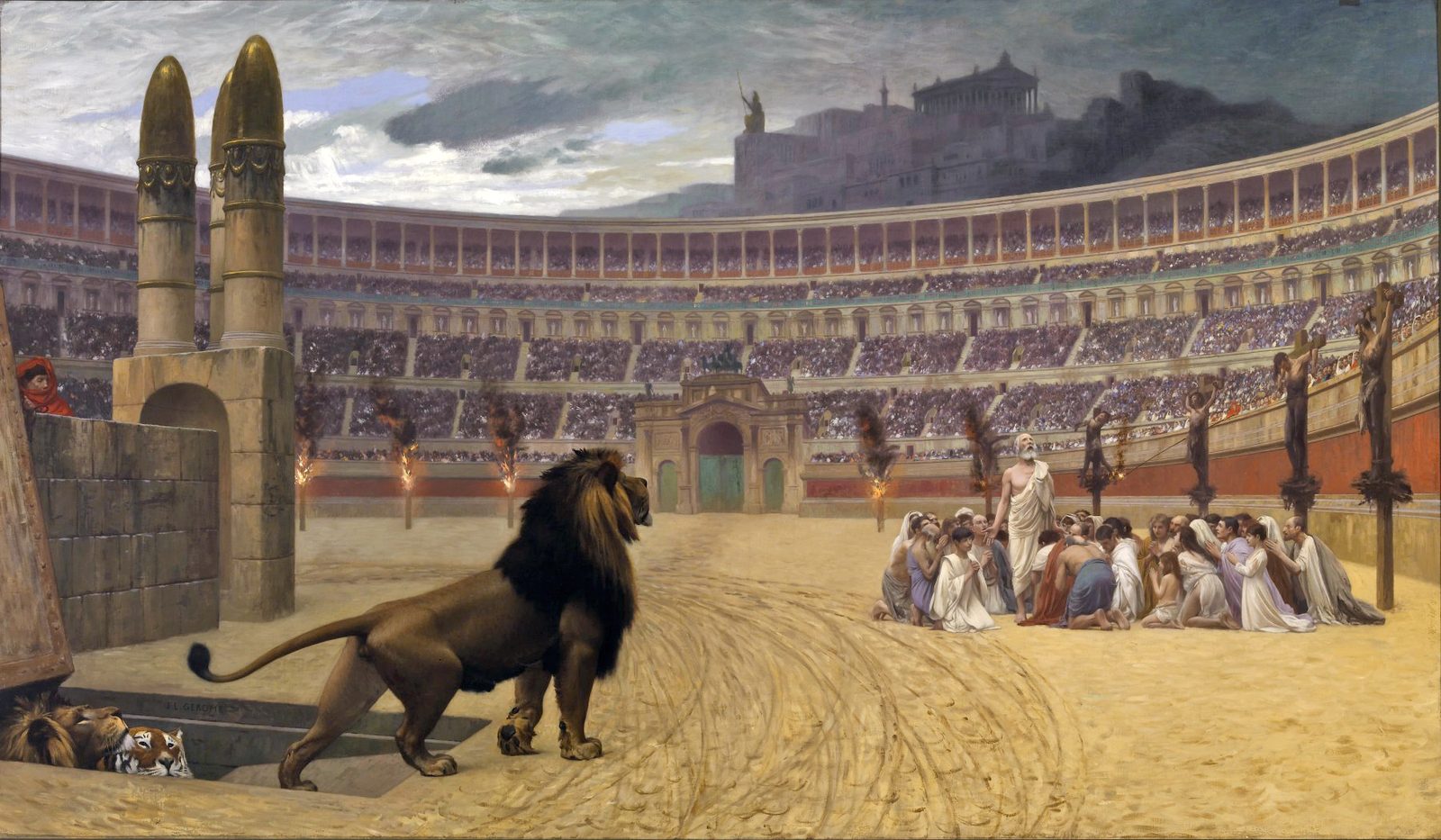 A crowd of Christians kneels in prayer around an old man in a vast arena, while a lion climbs out of a pit and men hang burning on crosses along the far wall