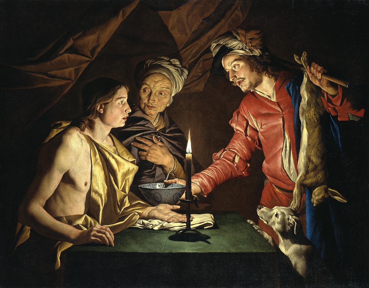 By the light of one candle a young man with a bare shoulder and a yellow cloak sits at a table beside a bowl, an old woman in a white turban leans in behind him with her hand on her breast, and on the right a hunter in a red coat and a feathered cap reaches across the table toward the bowl, a dead hare hanging over his shoulder and a dog at his side