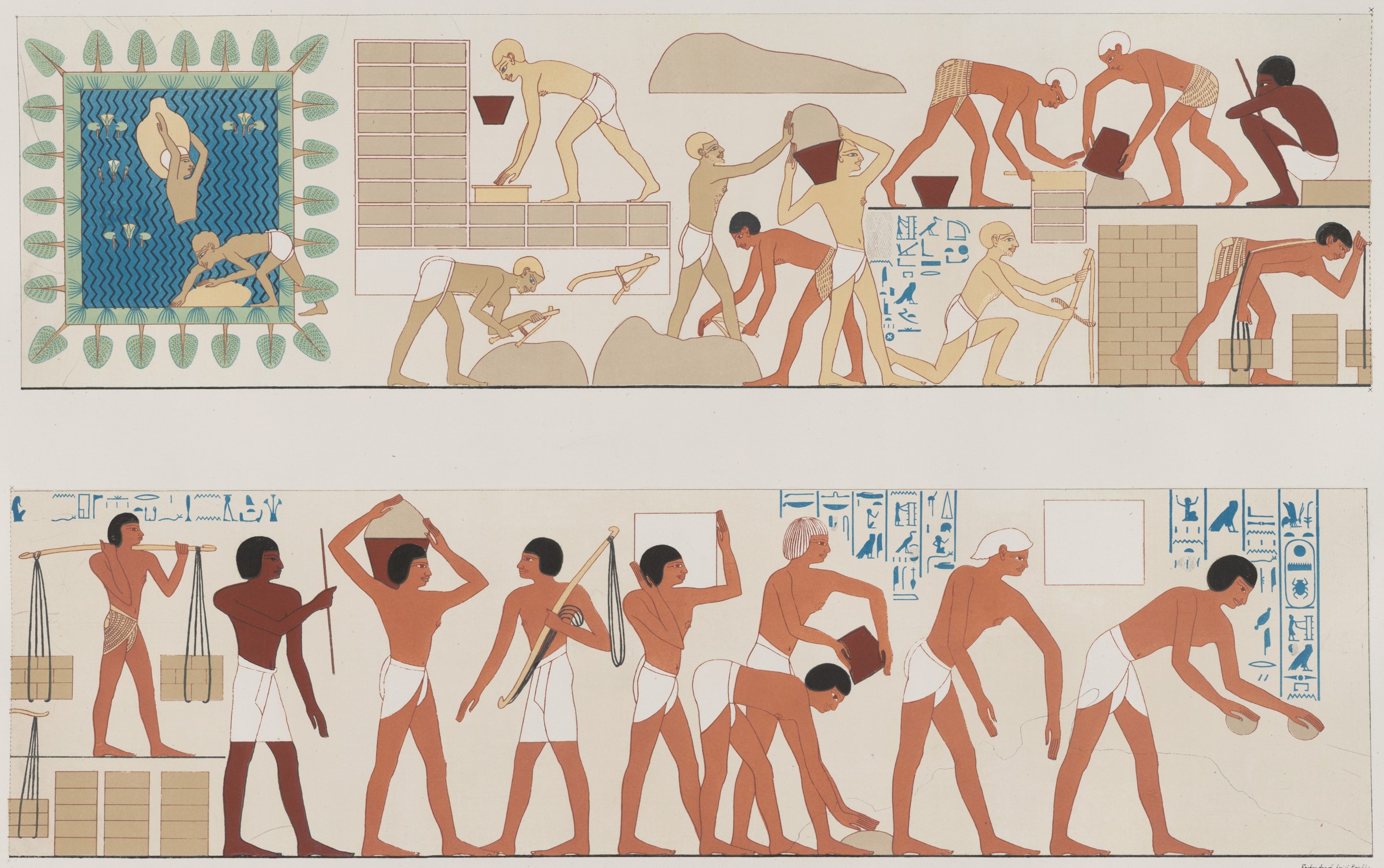 A coloured copy of an Egyptian wall painting in two bands of men drawing water, working clay and carrying bricks.