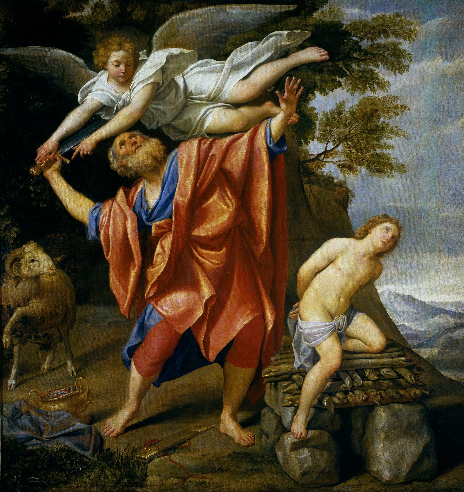 An angel holds back Abraham's knife hand, and Isaac kneels bound on the wood of a stone altar