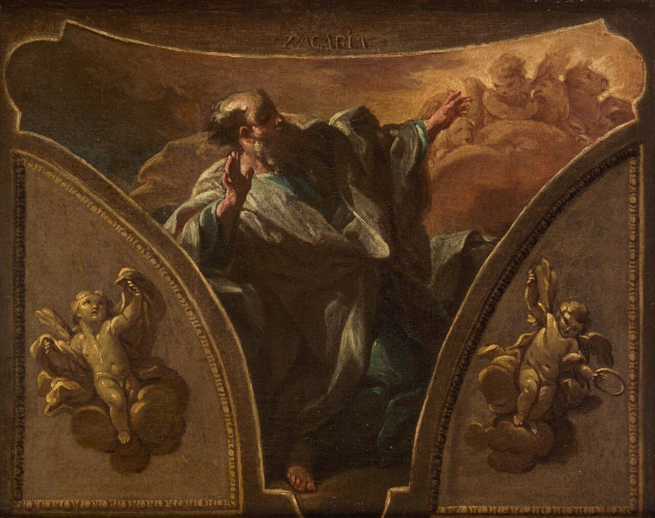 The prophet Zechariah, robed and barefoot, lifts his hands toward angels in the clouds, framed by a painted arch with a child angel on each side