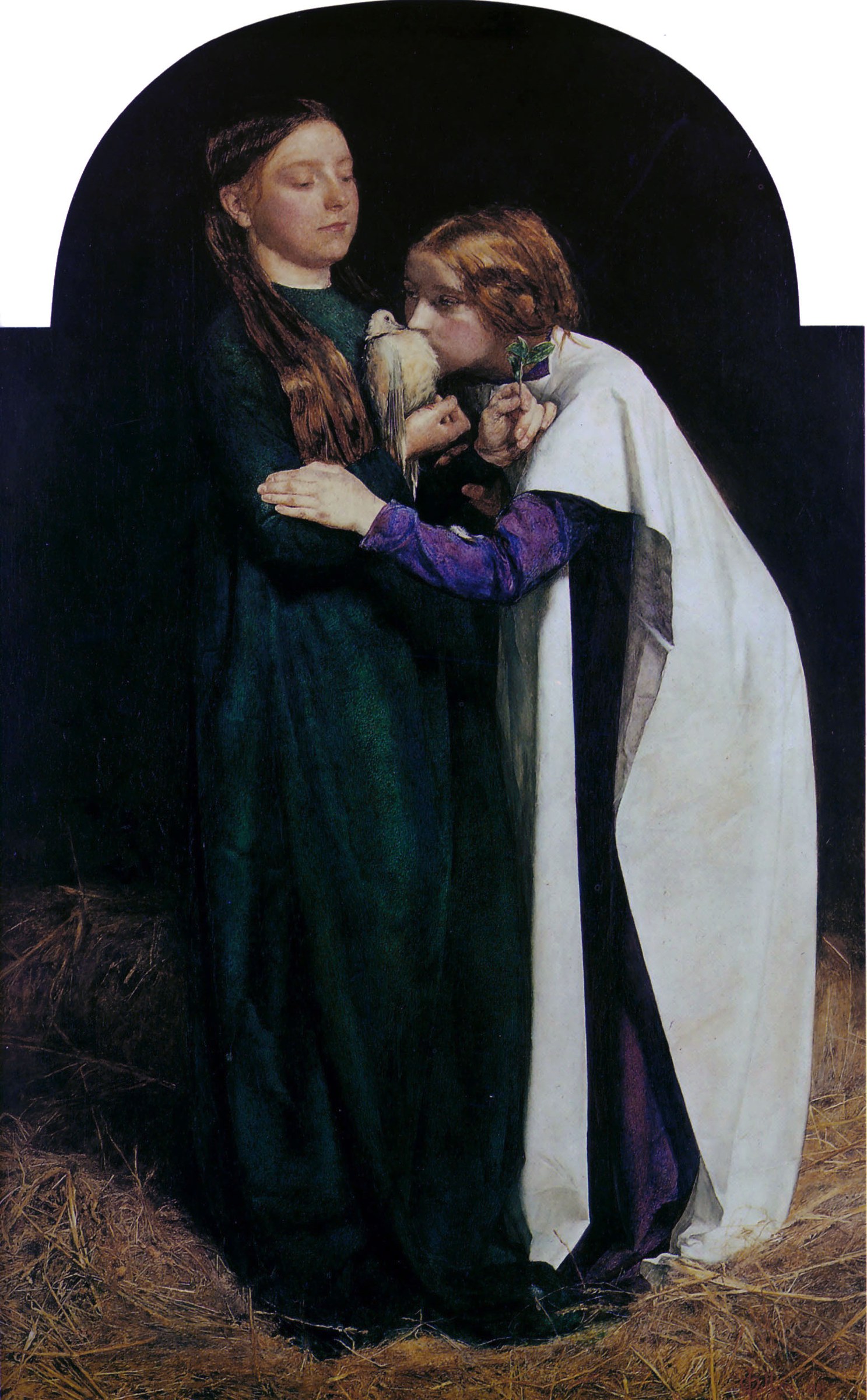 Millais's Return of the Dove to the Ark: two young women on straw in a dark room, one holding a pale dove and the other a sprig of olive