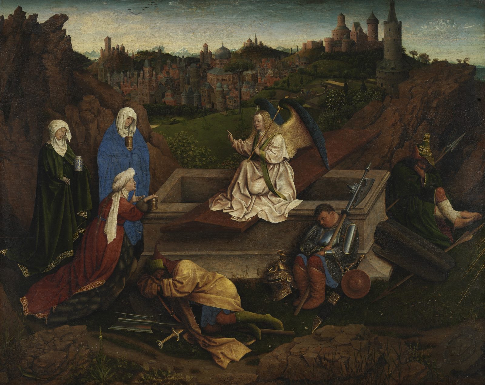 Three women holding jars of ointment stand at an open stone tomb where a winged angel sits on the lid, while soldiers sleep on the ground beside it and a walled city fills the hills behind.