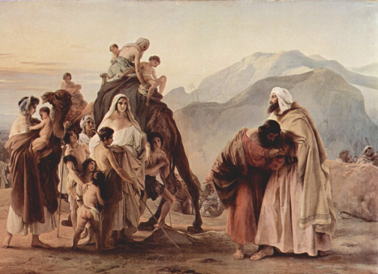 The Meeting of Jacob and Esau: Jacob and Esau embrace at the right while the women, the children and a camel are waiting at the left
