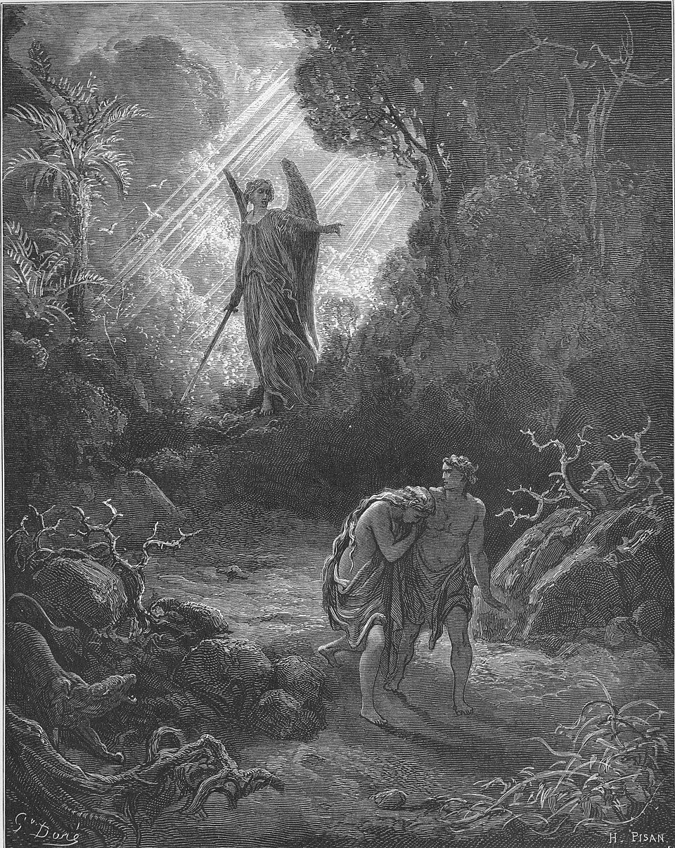 Gustave Dore, Adam and Eve Are Driven out of Eden (Genesis 3) — the gate closed behind them