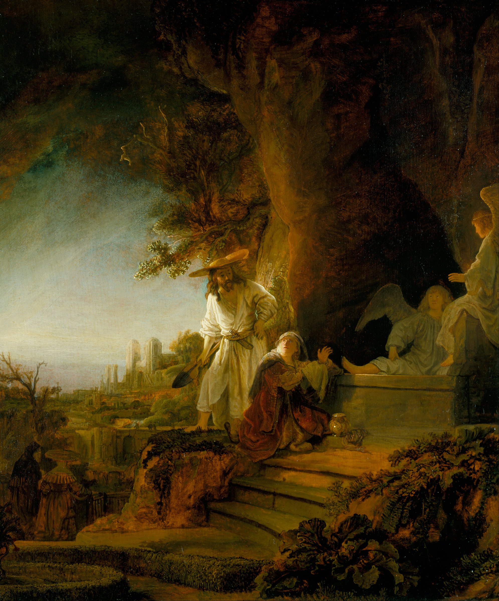 Christ and Saint Mary Magdalen at the Tomb by Rembrandt: Jesus in a straw hat with a spade, Mary kneeling, two angels on the tomb, a city in the distance