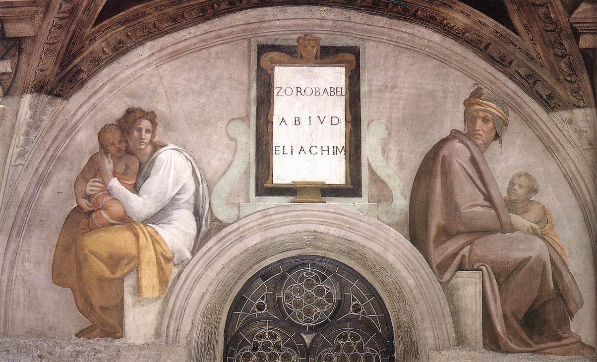 A half-moon fresco above a window: a woman in white holds a child at left, a man in a turban sits in a mauve cloak with a child behind him at right, and a tablet between them reads Zorobabel, Abiud, Eliachim