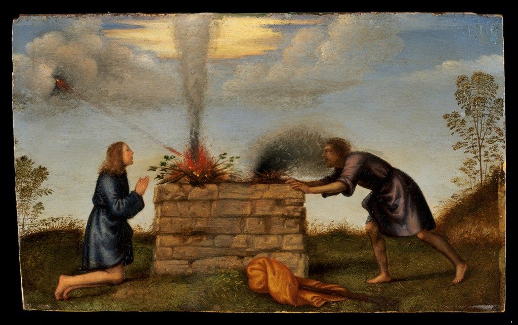 The Sacrifice of Cain and Abel: a kneeling young man in blue and a bearded man in purple at one stone altar, with a ray of fire from the clouds