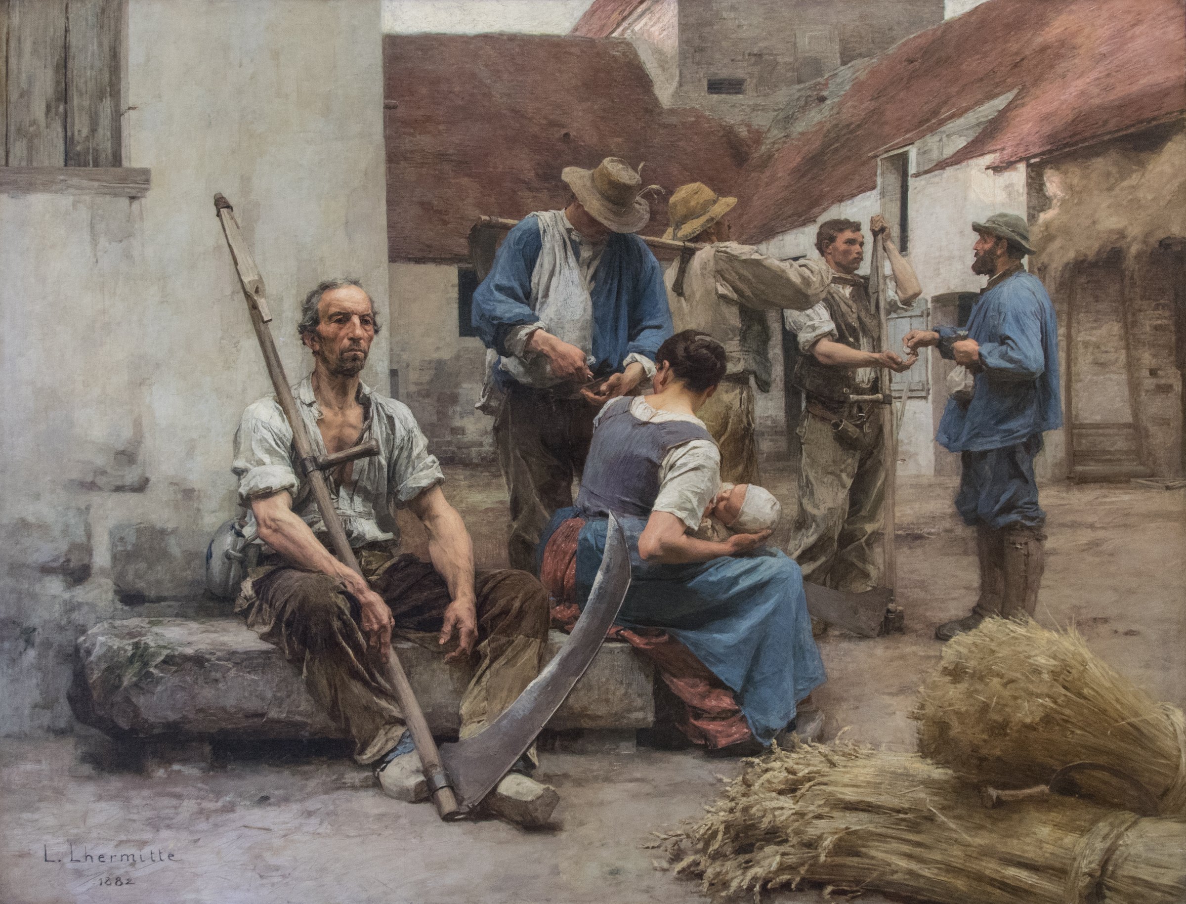 Lhermitte's Harvesters' Pay: an old reaper with a scythe on a stone bench, a nursing mother, harvesters being paid, and bound sheaves in the foreground