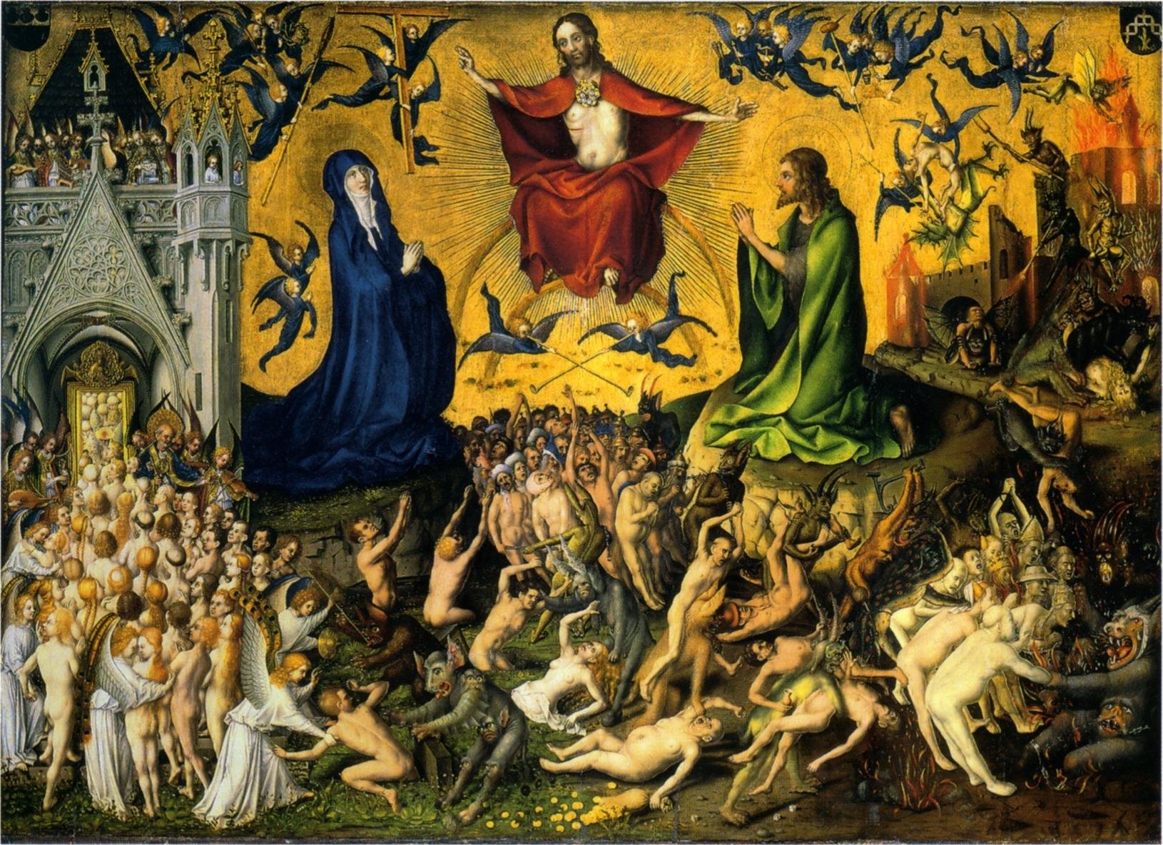 Christ on a rainbow above the dead, with a gate at the left and a burning city at the right