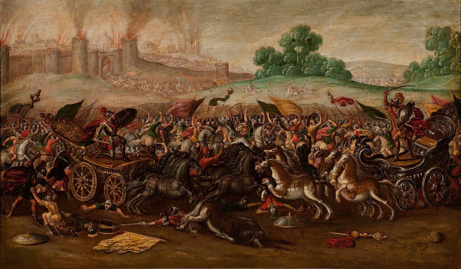Chariots, horsemen and foot soldiers clash in a crowded battle in the foreground while a walled city burns on the hill behind them.