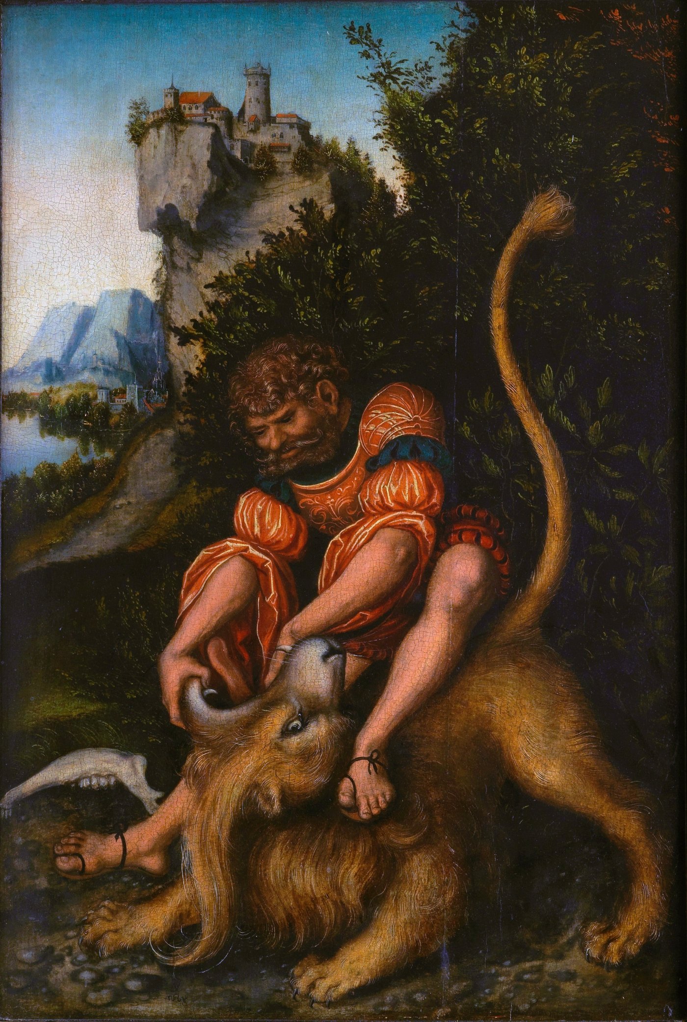Samson pulls open the lion's mouth under a castle