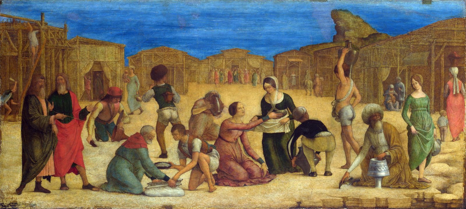 On sandy ground before a row of timber huts under a deep blue sky, the people of Israel kneel and stoop to gather manna into bowls, jars and a white cloth, while two bearded men in long robes stand at the left and others carry jars on their shoulders.