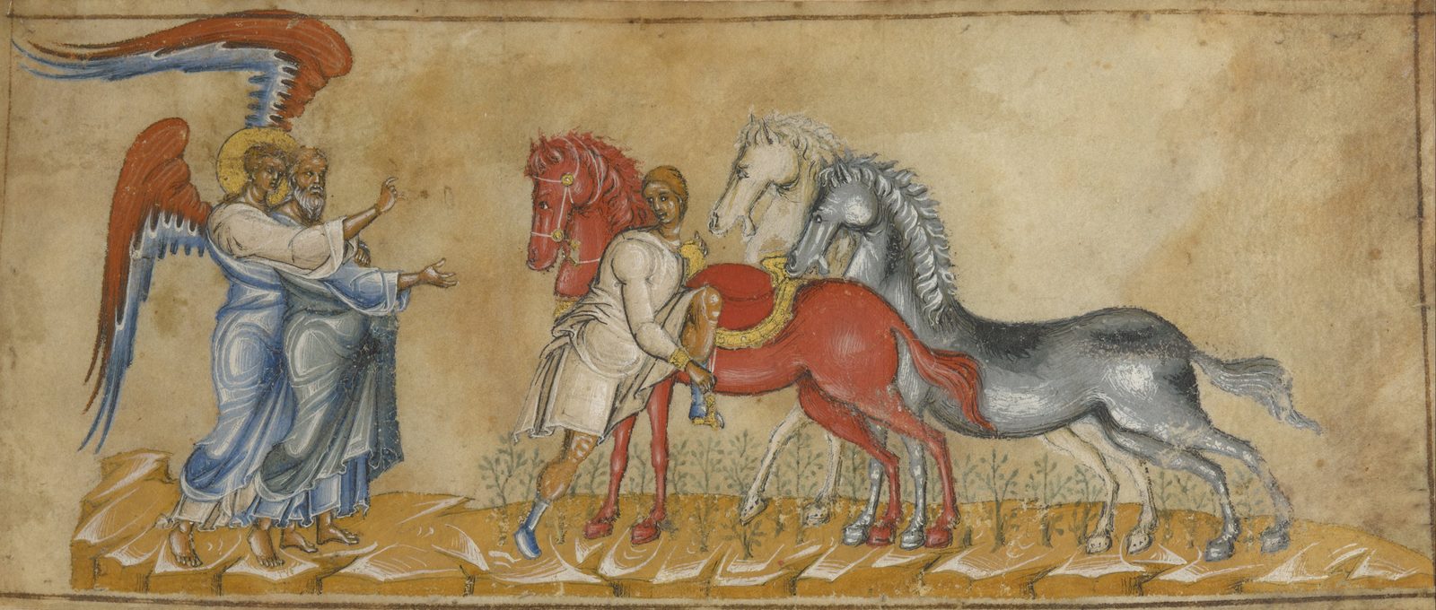 A winged angel beside Zechariah points to a young man mounting a red horse, with a white horse and a grey horse beside him on a strip of ground with small plants