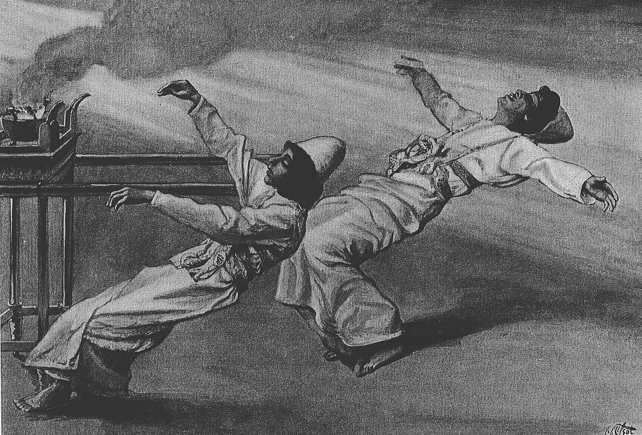Two young priests in white robes and tall white caps fall backward beside a small altar of incense, their arms thrown out, as smoke rises from the altar behind them.