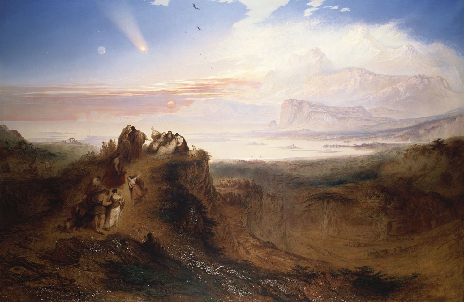 A small group of robed figures gathers on a brown hilltop at sunset, some bending over an old man who lies on the ground, while a comet, a crescent moon and the setting sun hang over a wide calm sea and pale mountains.