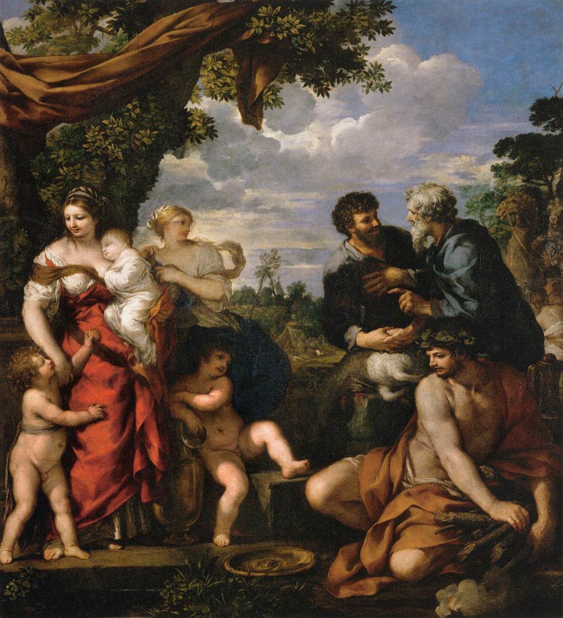 The Alliance of Jacob and Laban: two men clasp hands at the right, a young man holds a lamb, and two women with children stand at the left